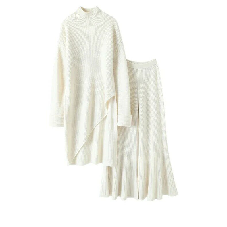 Асимметричный длинный свитер и расклешенные брюки, 100% кашемир, зимняя теплая дизайнерская модная женская одежда, комплект из 2 предметов
