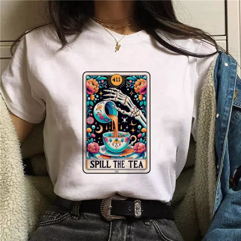 Spill The Tea Trendy Style Printed O-Neck Short Sleeve Tarot Brand T-Shirt Top Printed Casual Style Printed Cartoon T-Shirt.