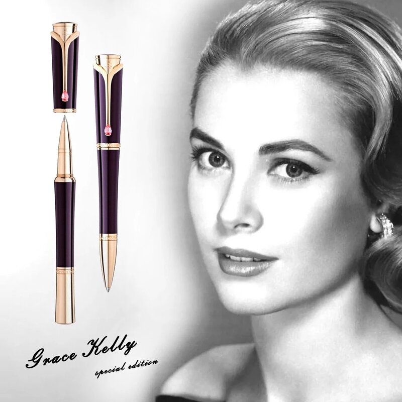 Grace Kelly – stylo à bille roller, violet foncé, avec Clip en pierre de diamant en forme de larme, écriture lisse, grande actrice