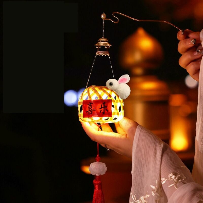 Estilo chinês lanterna portátil, luz LED, luminoso, brilhante, tecelagem, Festival, artesanal, Mid-Autumn