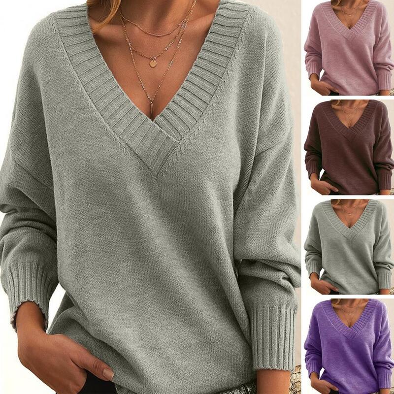 Женский Теплый свитер, однотонный свободный трикотажный пуловер с V-образным вырезом, длинный свитер, Повседневная Блузка оверсайз, Женская хипстерская одежда