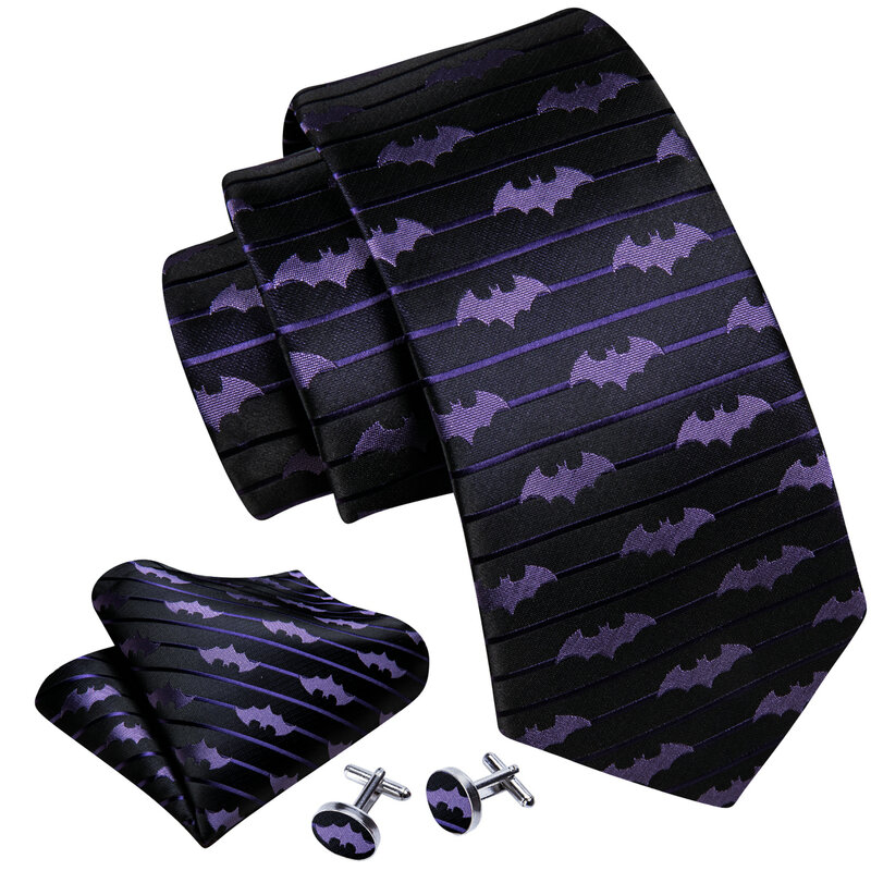 Barry.Wang-Corbata de murciélago de seda púrpura para hombre, conjunto de gemelos cuadrados de bolsillo con rayas negras de animales, FA-6210 de fiesta de boda, novedad