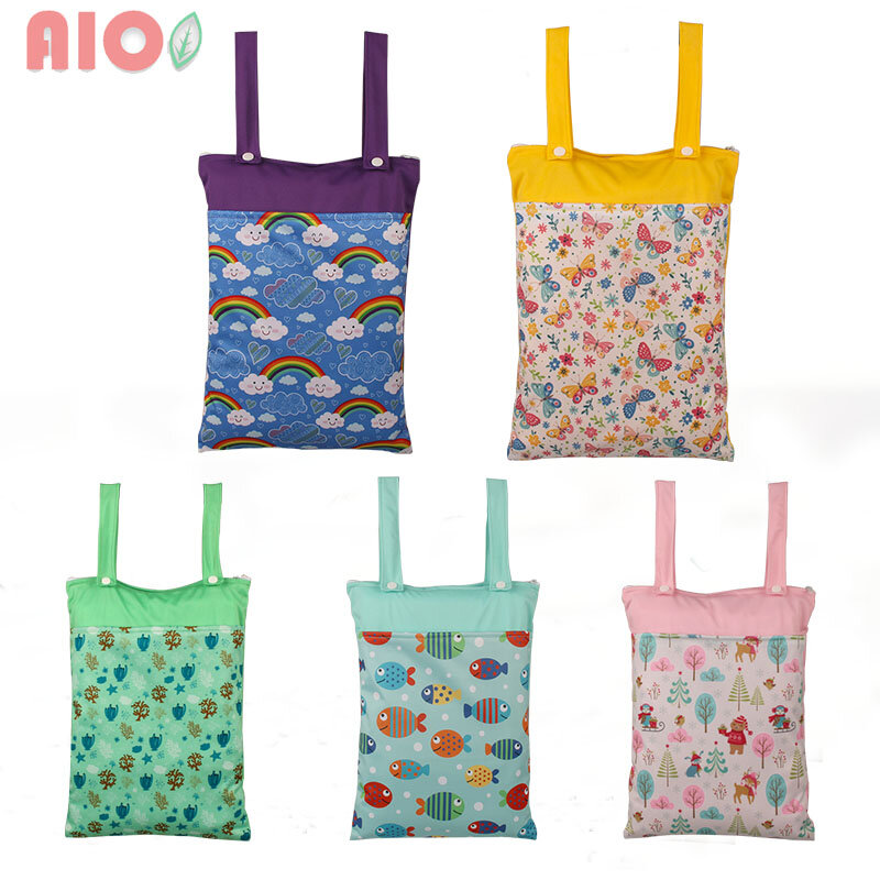AIO 방수 젖은 걸이식 아기 기저귀 가방, 천 세탁용, 지퍼가 달린 기저귀 가방, 기저귀 팩 2 개, 25x30cm, 1 개