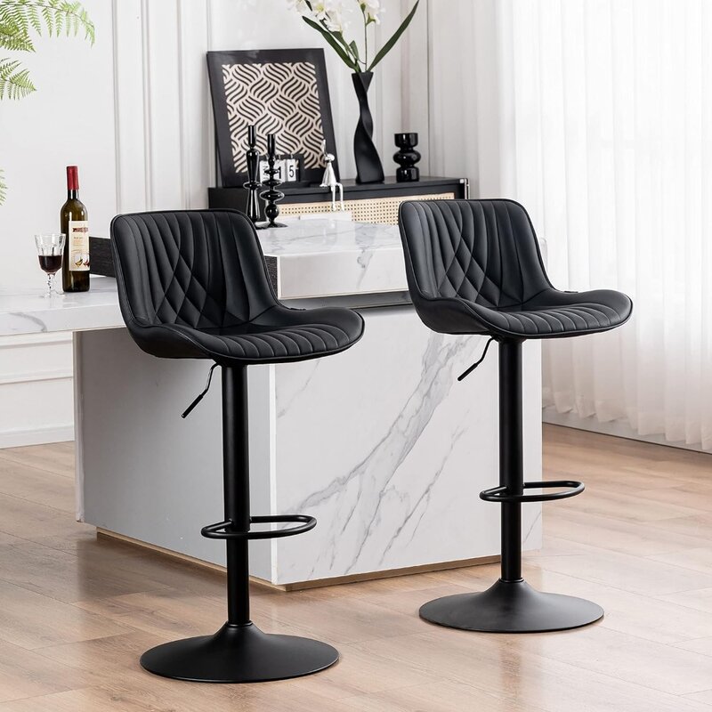 Black Bar Stools Set of 2 Adjustable Swivel Modern Barstools Luxury Upholstered Faux Leather Bar Stool Counter Height Metal