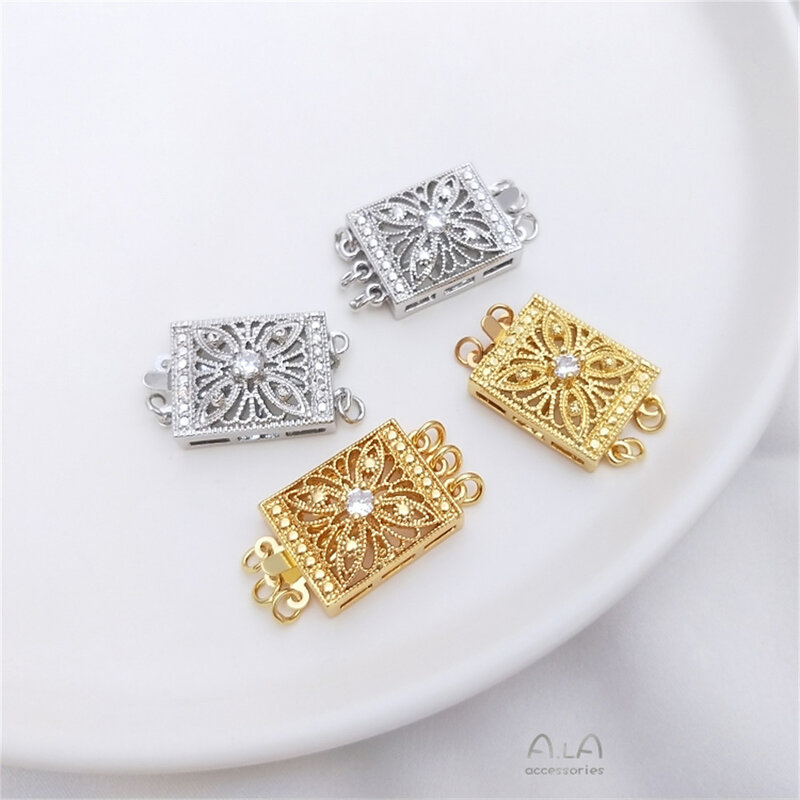 Vacuum Plated 18K Real Gold, White Gold Inlaid with Zircon, Atmospheric Rectangular Multi Row Pearl Buckle DIY Jewelry Buckle