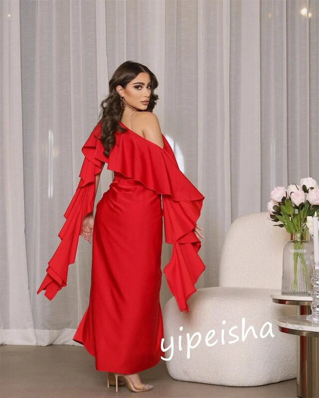 Gaun Prom Charmeuse Ruffles Homecoming ketat satu bahu Bespoke gaun acara gaun Midi Gaun Arab Saudi