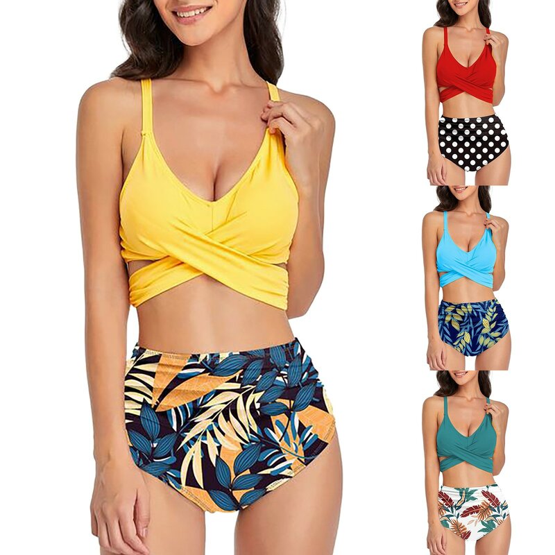 2023 Women Bikini Set Leaf Printed Sleeveless Two Piece Beach Wear Hot Sexy Swimwears Bikinis Set