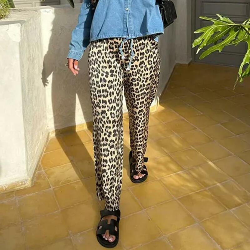 กางเกงผู้หญิงขายาวขากว้างกางเกงขาม้าพิมพ์ลายเสือดาวสำหรับผู้หญิงเอวยางยืดปานกลางชุดใส่พักผ่อนฤดูร้อน