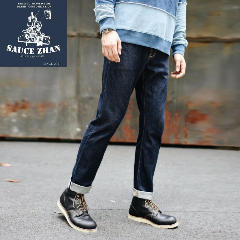 Saucezhan 314XX Heren Jeans Sanforized Zelfkant Denim Jeans Voor Man Indigo En Zwarte Jeans Rits Slim Fit
