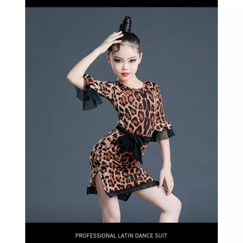 Vestido latino de LICRA con estampado de leopardo para niña, traje de baile de salón, rumba, samba, cha, tango, falda estándar para salsa