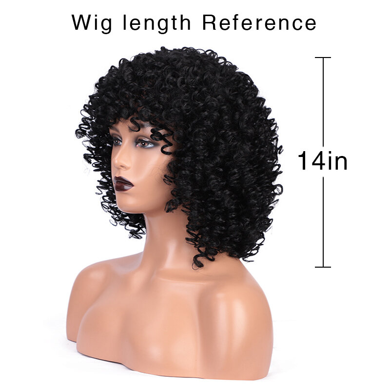 Long Afro Curly Wig with Bang 80's Vintage Style Medium Length Fake Hair Clip-Free Mesh Headgear 14inch for Woman Daily Use