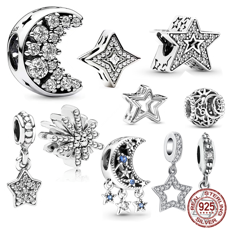 Nowości musujące gwiazdy i księżyc wisiorek srebrny koralik 925 szterlingów dla kobiet pasują do oryginalnego bransoletka Pandora DIY biżuteria akcesoria
