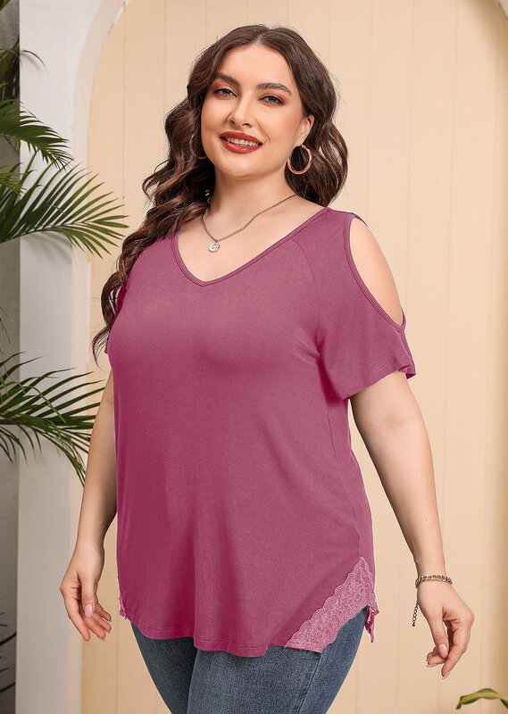 SHOWMALL Plus Size Tunic for Women Short Sleeve Clothes Cold Shoulder Clothing Crewneck Summer Tops Maternity Shirts
