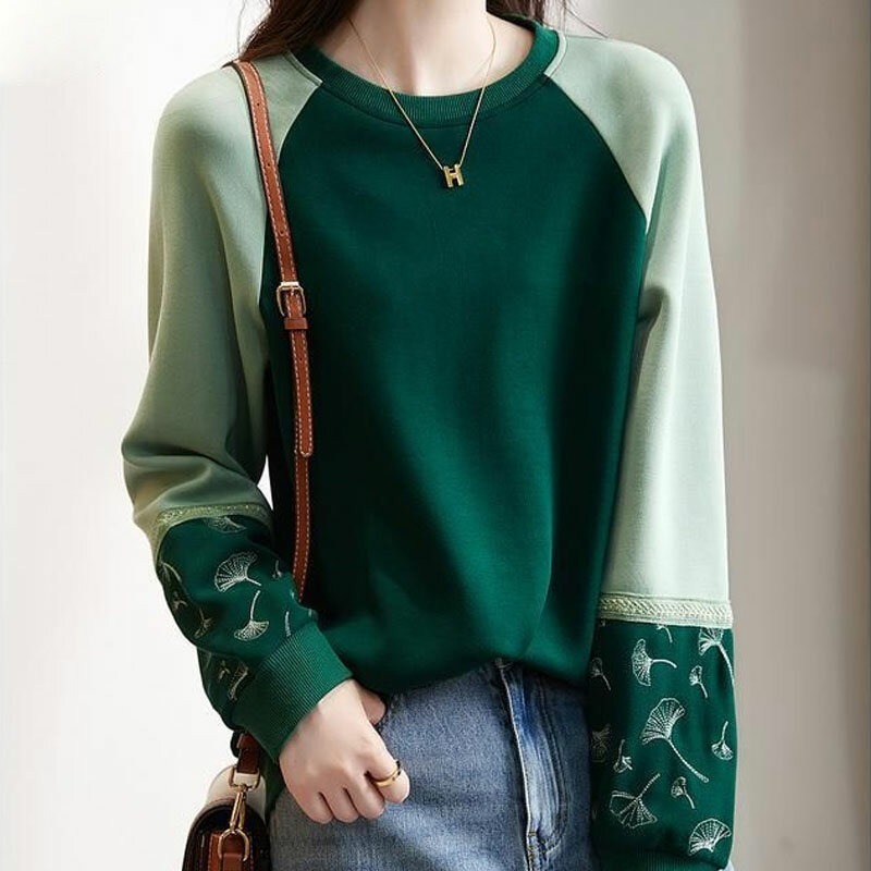 Streetwear moda planta impresso camisolas casual retalhos solto rosca em torno do pescoço primavera outono novo padrão pullovers