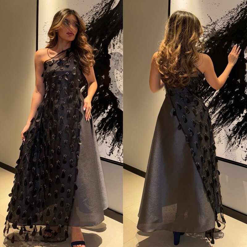 Prom Dress Saudi Arabia Satin Applique Valentine's Day A-line One-shoulder Bespoke Occasion Dress Floor Length