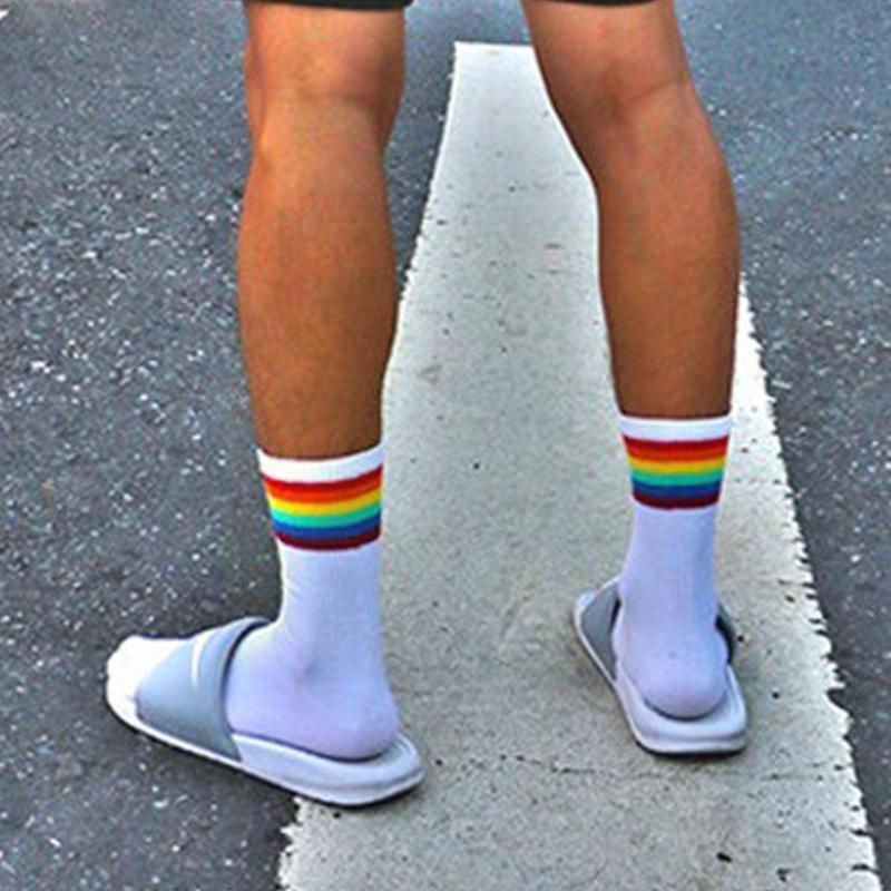 Design original os jovens hiphop arco-íris gay lgbt arco-íris homem listra rua meia alta meninas algodão menino meias dança fashi c6q1