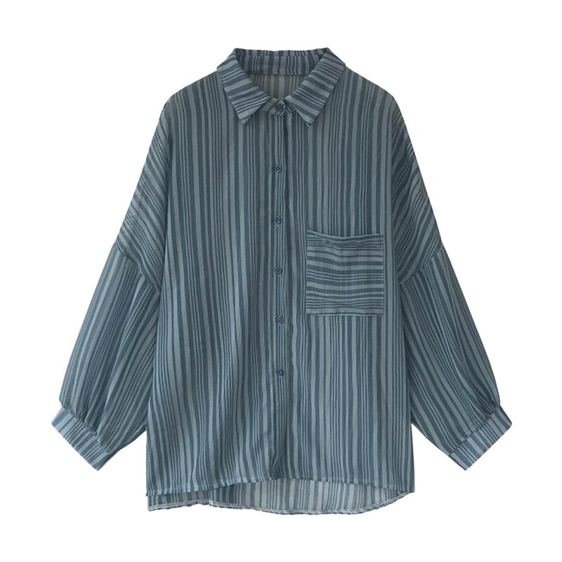 Korean Fashion Version Loose Long Sleeve Striped Shirt Ladies Chiffon Cardigan Solid Color Bishop Sleeve Sunscreen Shirt Jacket