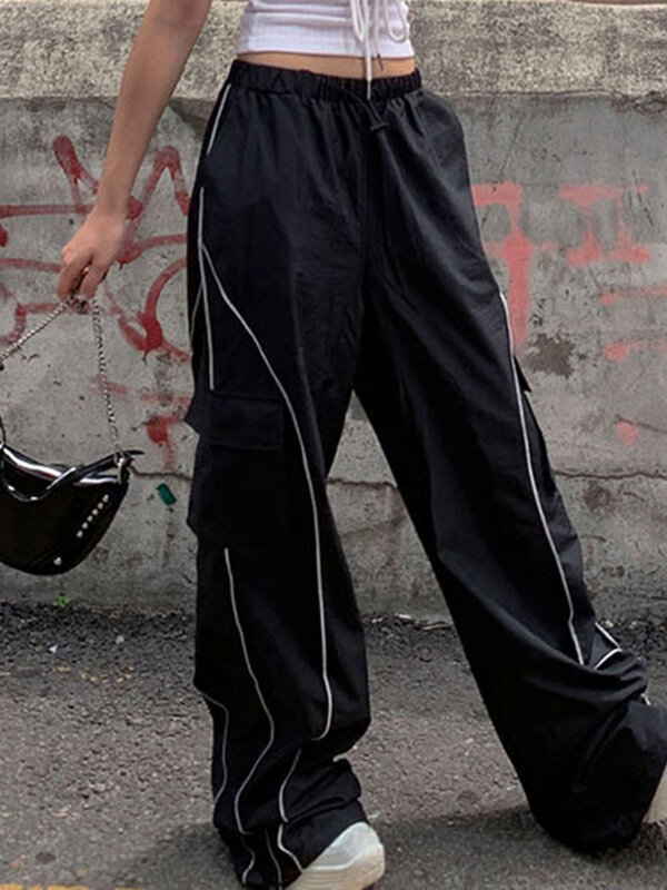Weekeep Celana Olahraga Hitam Ukuran Besar Celana Kargo Dasar Garis Rendah Naik Samping Wanita Y2k Pakaian Jalan Baggy Jogger Kasual Gaya Korea