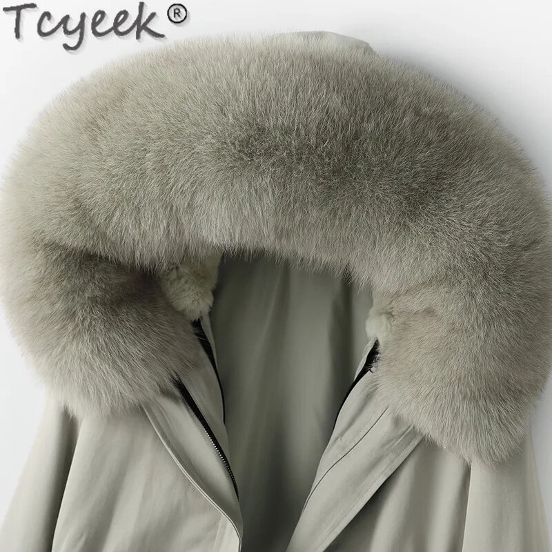Tcyeek-Parka mi-longue pour femme avec col en renard, manteau de doublure en lapin Rex, vestes en fourrure, vêtements d'hiver élégants, mode, 2024