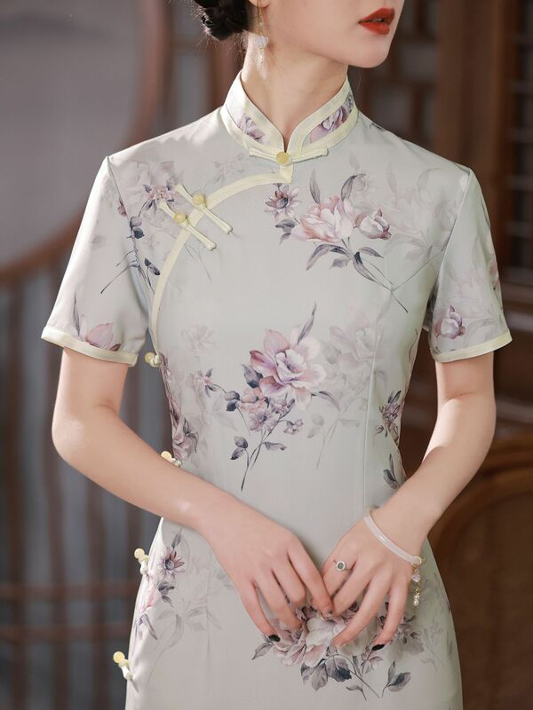 Feminino floral imprimir fino cheongsam 2023 verão estilo chinês retro manga curta qipao
