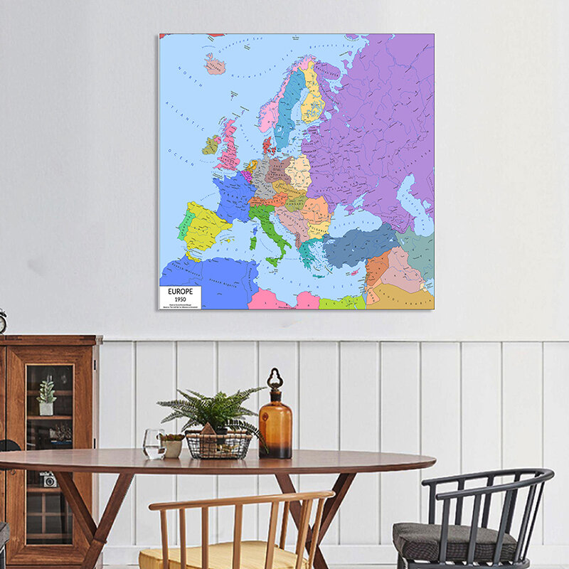 Peinture sur toile Non tissée la carte de l'europe, 90x90cm, affiche artistique murale imprimée, décoration de la maison, fournitures d'enseignement, 1950