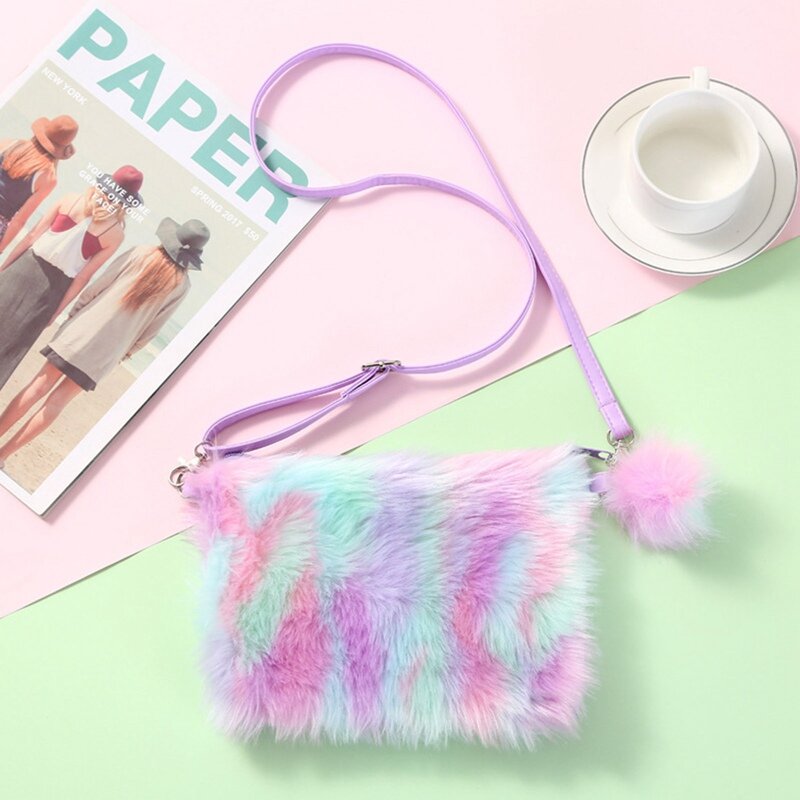 Girls Envelope Package Soft Plush Shoulder Bag Colorful Rainbow Fur Handbags Crossbody Bags Kids Handbag Adjustable Belts