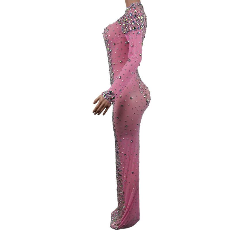 Multicolored Sparkly Rhinestones Crystal Sexy Long Dress Pink Women Evening Ballroom Clothing Stage Singer Party Costume Cuixing