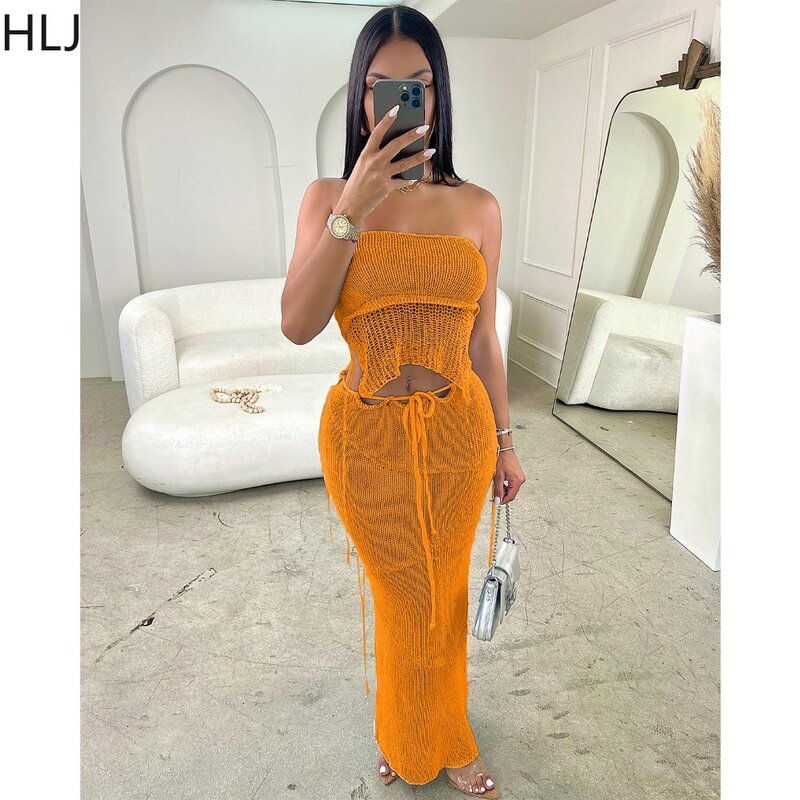 HLJ Fashion Streetwear Women Knitting Tassels Sleeveless Tube Top And Skinny Skirts Outfits Sexy Female Backless Lace Up Clothes