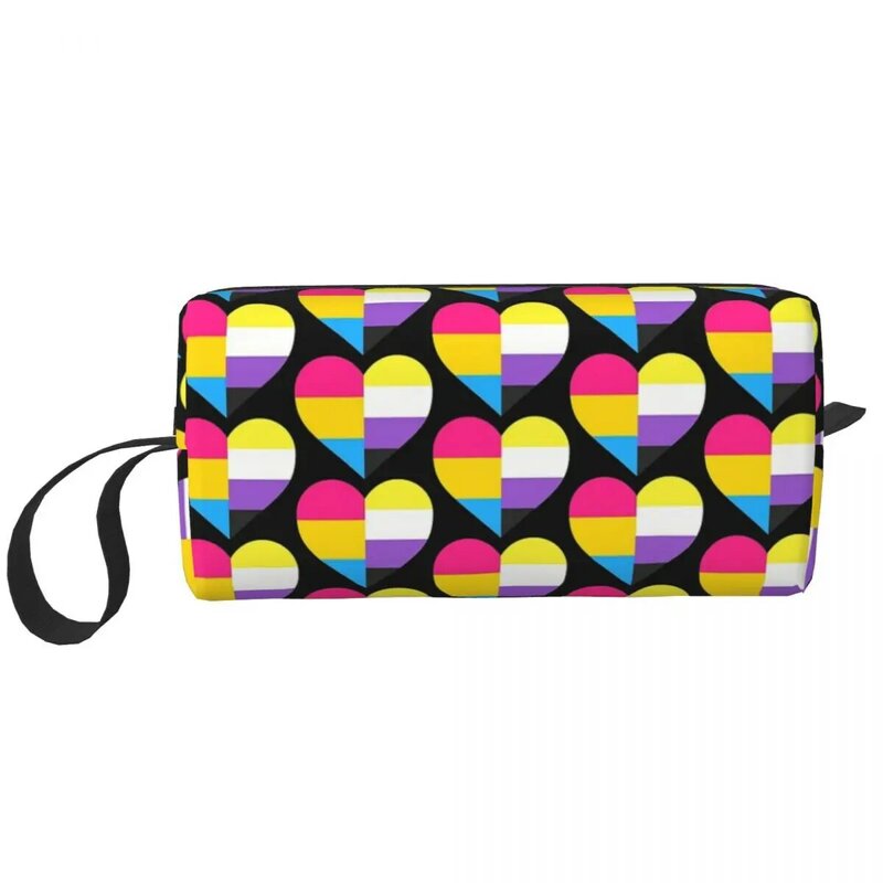 Pan And Nonbinary Pride Heart Makeup Bag Cosmetic Organizer Storage Dopp Kit Toiletry Cosmetic Bag for Women Beauty Pencil Case