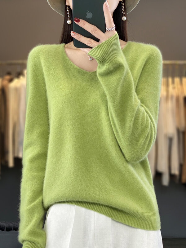 Aliselect 여성용 100% 메리노 울 스웨터, 기본 V넥 긴팔 캐시미어 니트 풀오버 의류 상의, 가을 겨울 패션