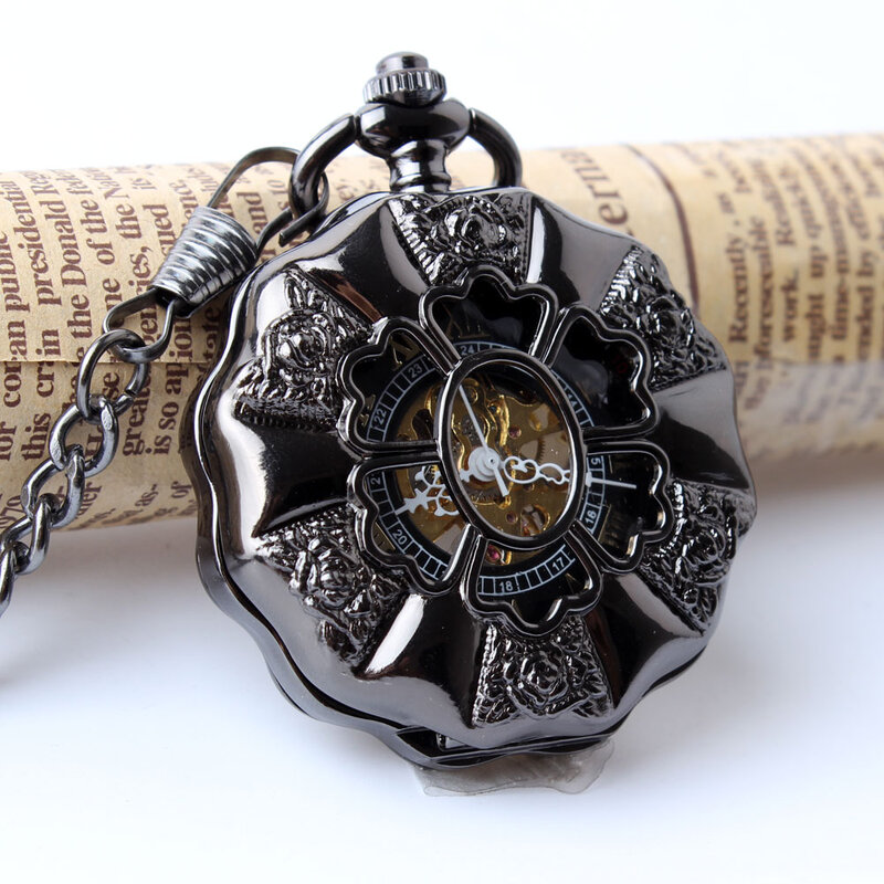Черные полностью стальные светящиеся Механические карманные часы винтажный, с отверстиями, в стиле стимпанк аналоговые скелетоны, механические карманные часы с ручным заводом