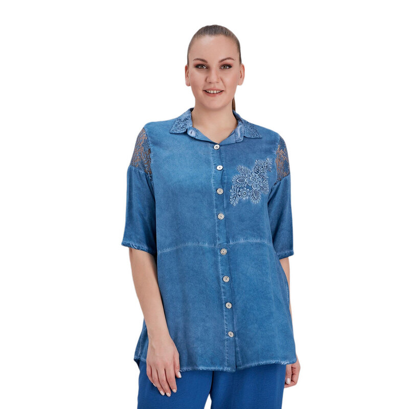Fierte-camisa de talla grande para mujer, camisa de manga corta con cierre de botón Rg4077, detalle de encaje, informal, fina, caqui claro, Indigo