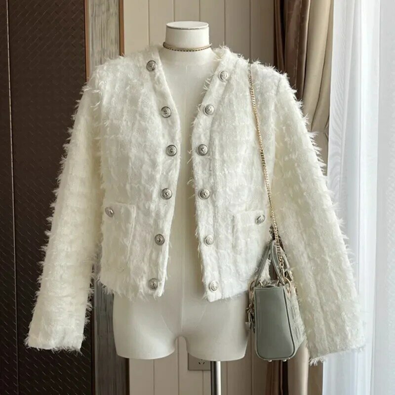 Jaqueta de Tweed feminina com franla, casacos curtos de lã, fragrância francesa pequena, grossa e quente, moda coreana, outono e inverno