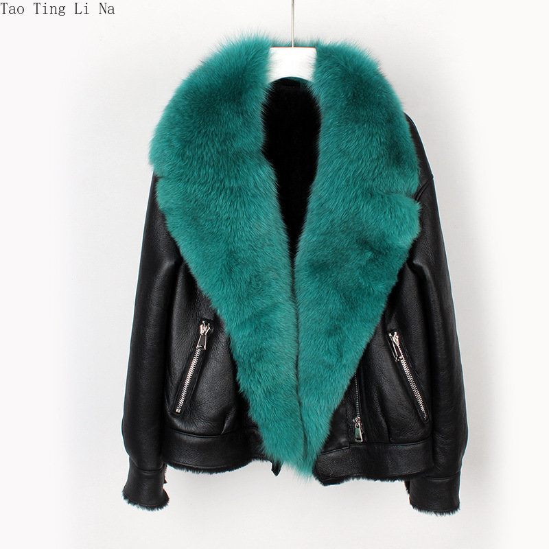 2023 Women New Quality Leather with Fur Genuine Fox Fur Collar Sheep Leather Motorcycle Coat H4