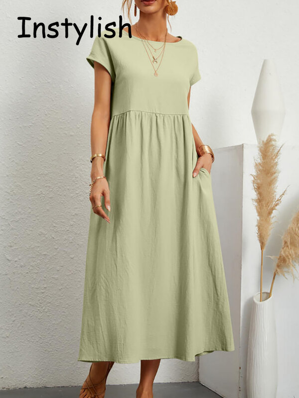 Женское элегантное однотонное платье макси, летнее винтажное платье с коротким рукавом и круглым вырезом, свободный сарафан из хлопка и льна в стиле Харадзюку, длинное платье с карманами Y2K