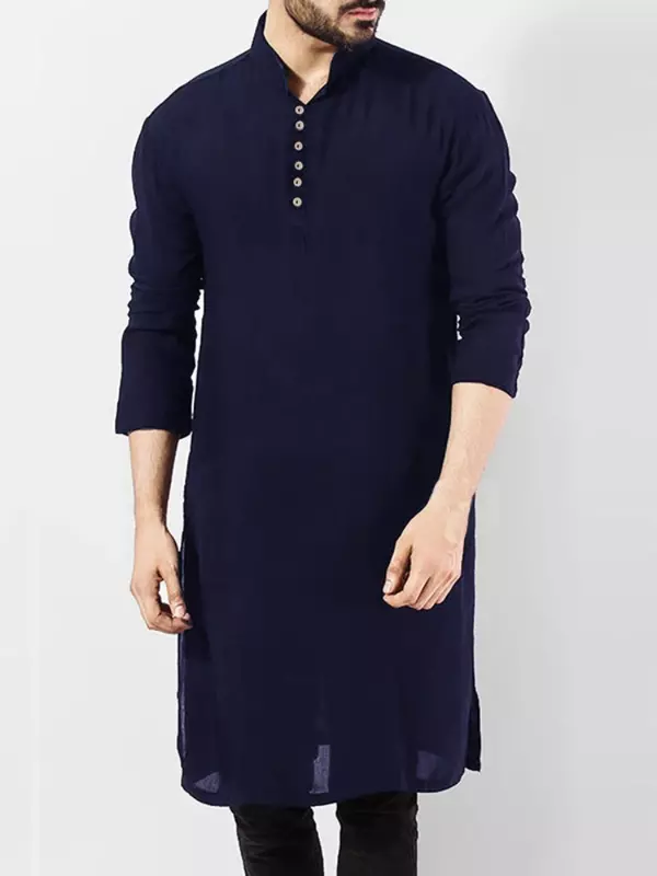 KALENMOS Muslim Men Casual Shirt Cotton Long Sleeve Stand Collar Shirts Vintage Long Tops Indian Clothes Pakistani Ropa S-5XL