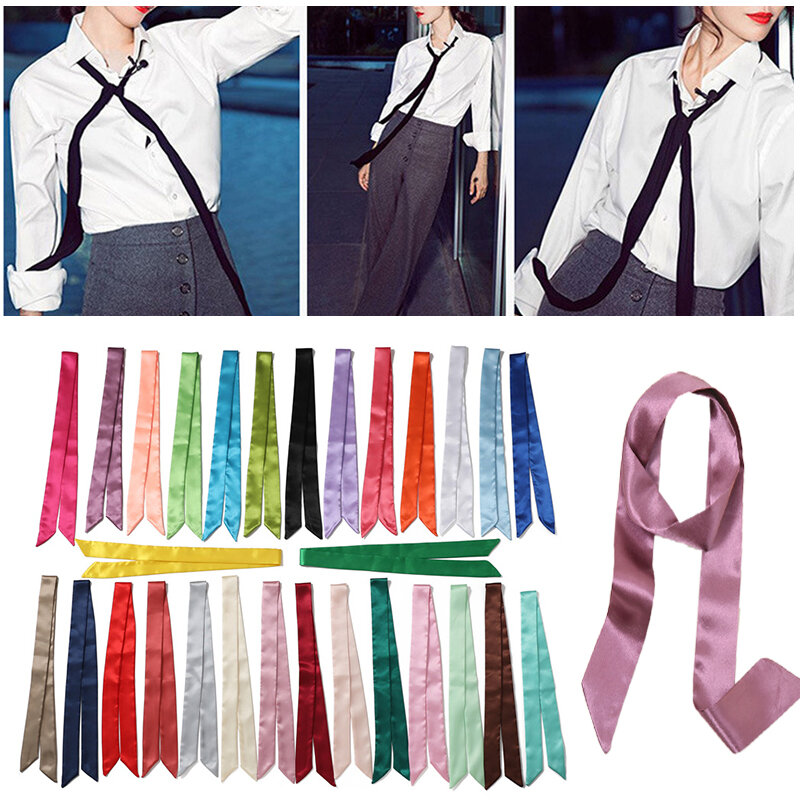 Pequeno estreito sólido longo pescoço cachecol, lenço de seda fina, lidar com fitas saco, fita de cetim, gravata, lenços magros, bandana, nova moda
