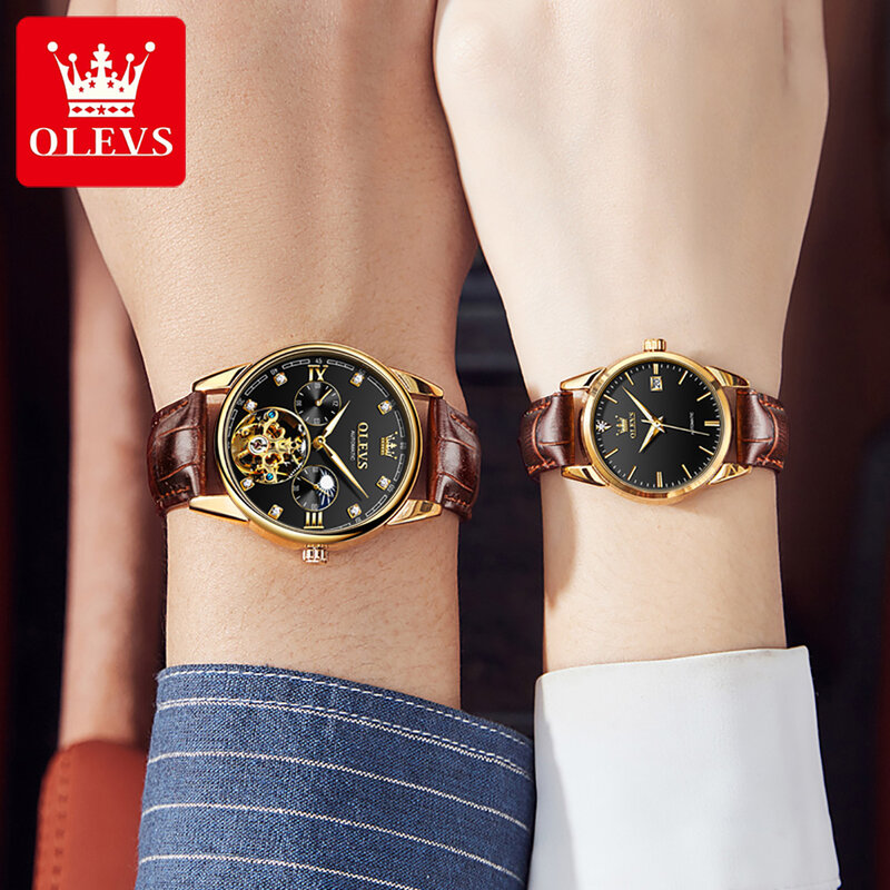 OLEVS Skeleton Couple Watch Automatic Mechanical Stainless Steel Watches for Men and Women Waterproof Luminous Wrist Watch Reloj