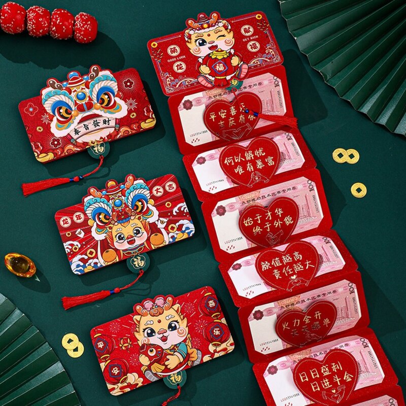 Enveloppe de poche rouge pliable pour l'année du dragon, sac d'argent, dorure, CNY Angpao Luck, nouvel an 2024, 4 cartes, 6 cartes