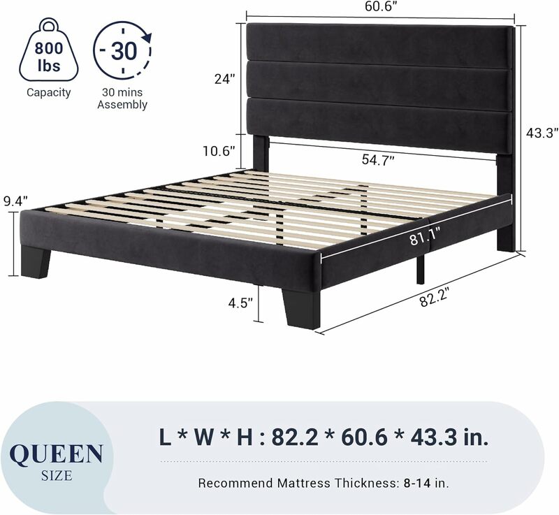 Queen platform bed frame, velvet upholstered headboard and wooden strip support, fully upholstered mattress base, black