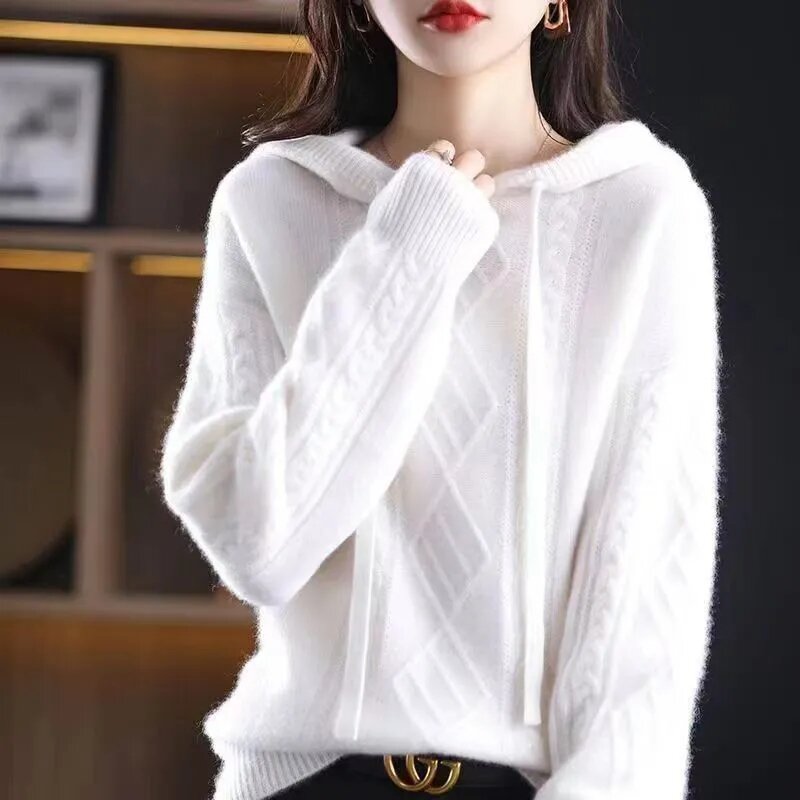 Autumn Winter Vintage Korean Hooded Knitting Sweater Women Long Sleeve Pullover Ladies Sweater Casual Jumper Knit Sweater Lady