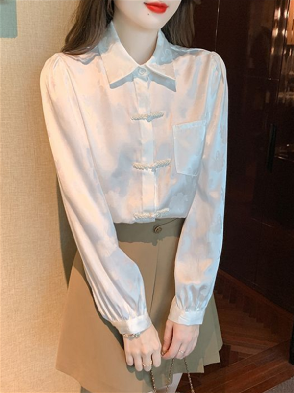 女性用の中国のブラウス,レトロなバックル付きのルーズなシャツ,ラペルポケット,女性用