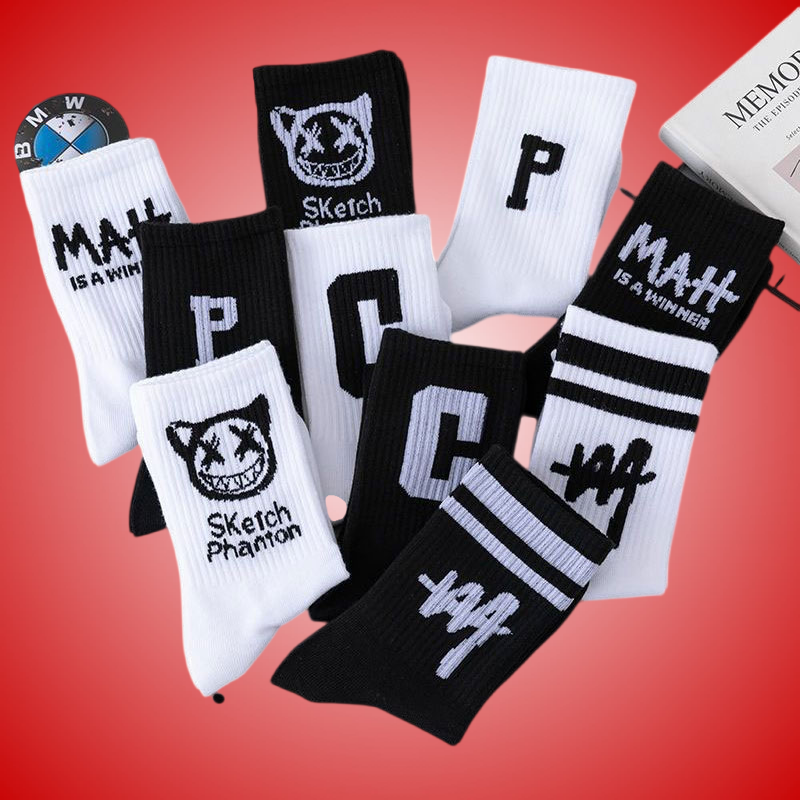 5 Pairs Mens Mid Tube Socks Fun Style Student Socks Black And White All Match Socks Breathable Letters Sports Basketball Socks