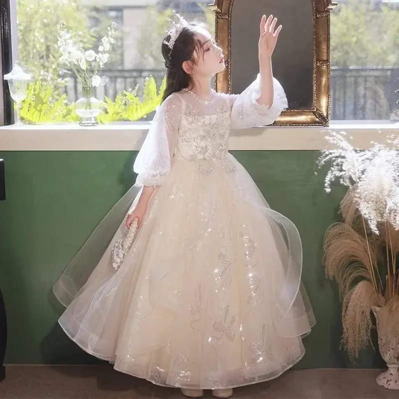 Children's Evening Dress 2024 Chinese New Year Host Pengpeng Skirt Big Girl Birthday Flower Girl Princess Dress