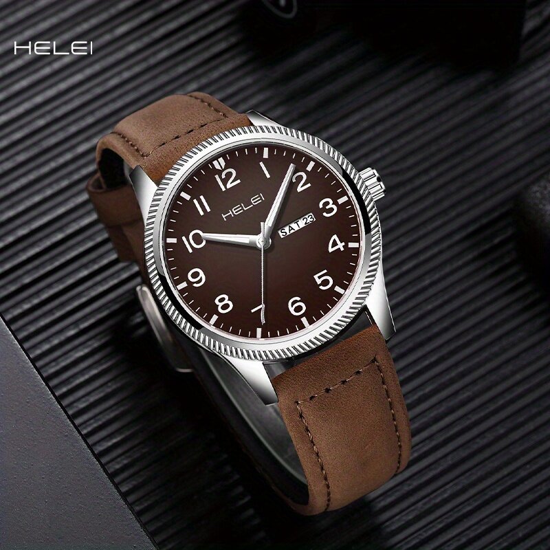 HELEI premium leather strap casual watch, fashionable dual calendar men's watch, business casual waterproof watch