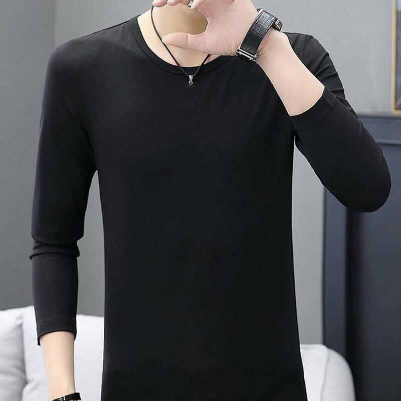 Mens Base Shirt Thickened Plush Warm Soft O Neck Elastic Long Sleeve Solid Color Pullover Plus Size Daily Bottoming Top Underwea