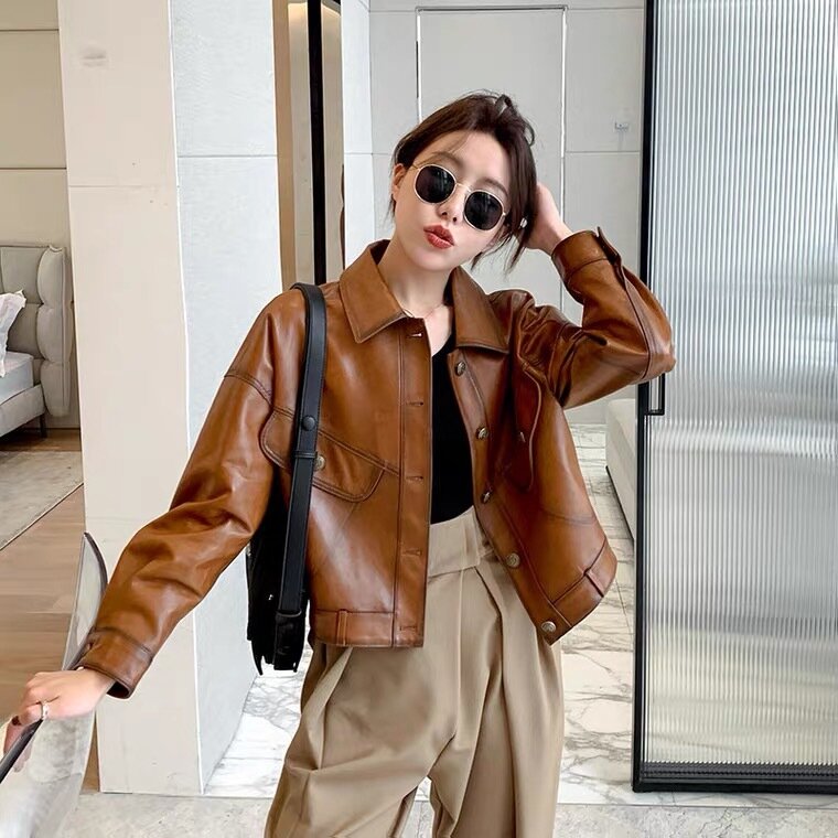 Haining genuine leather jacket for women's 2024 new short style sheepskin temperament Korean version motorcycle spring and