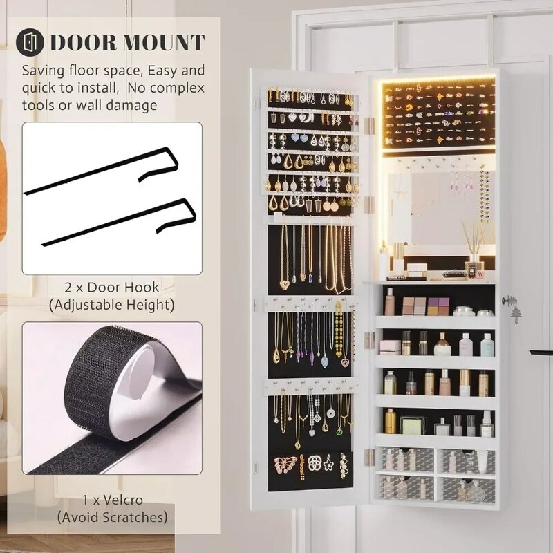 47.2" LED Jewelry Mirror Cabinet, Wall/Door Mounted Jewelry Armoire Organizer with Full-Length Mirror, Storage Hanging Cabinet