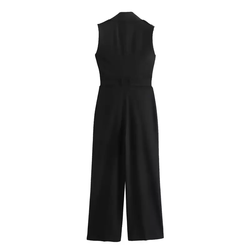 Women New Fashion With belt Black loose lapel Casual Long style Jumpsuit Vintage sleeveless Button-up Female Jumpsuit Mujer