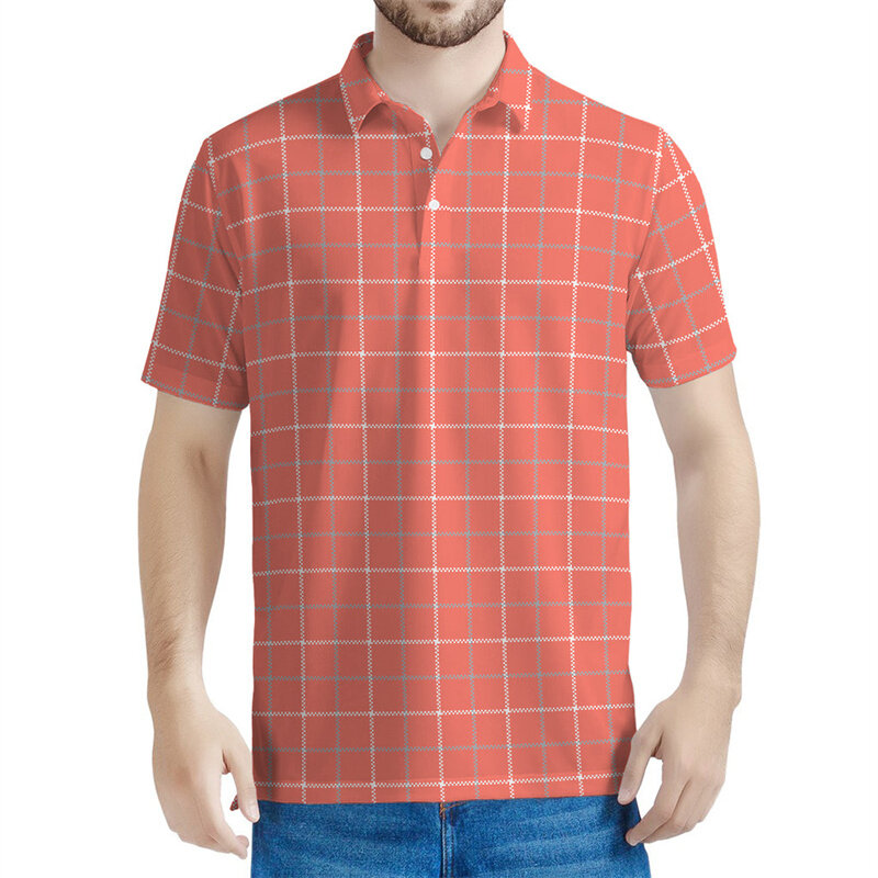 Camisa polo xadrez clássica masculina, camiseta listrada impressa em 3D, tops extragrandes, mangas curtas, camisetas com lapela, rua, verão